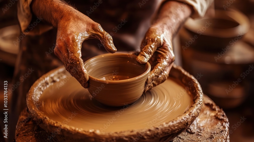 A pottery workshop with artisans shaping clay on a wheel, creating beautiful handcrafted ceramics A pottery workshop with artisans shaping clay on a wheel, creating beautiful handcrafted ceramics