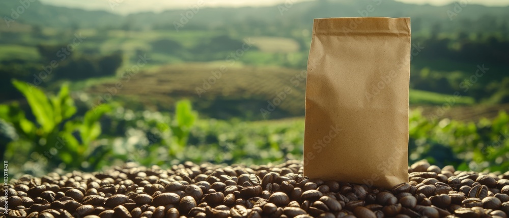 Obraz premium Paper coffee bag standing on coffee beans with a coffee field in the background with space for an inscription
