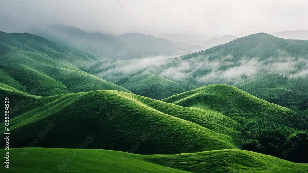 Rolling green hills covered in fog create a picturesque landscape