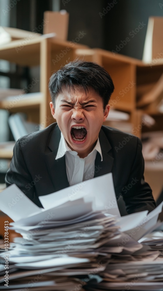 Pissed off asian office worker cluttered with paperwork shouting, theme or concept of a rush at work Pissed off asian office worker cluttered with paperwork shouting, theme or concept of a rush at work