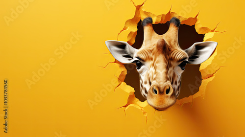 generated  illustration  of cute giraffe peeking out of a hole in yellowcracked  wall, torn hole, copy space