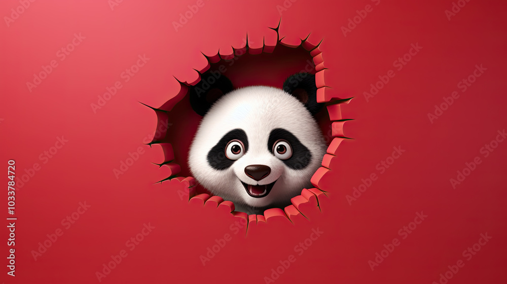 generated illustration of cute panda in hole of cracked red wall generated illustration of cute panda in hole of cracked red wall