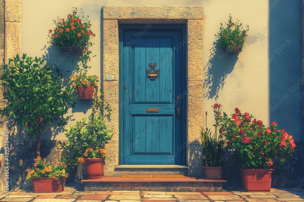 Fototapeta premium A charming blue door framed by vibrant flowers in pots, showcasing a warm and inviting atmosphere.