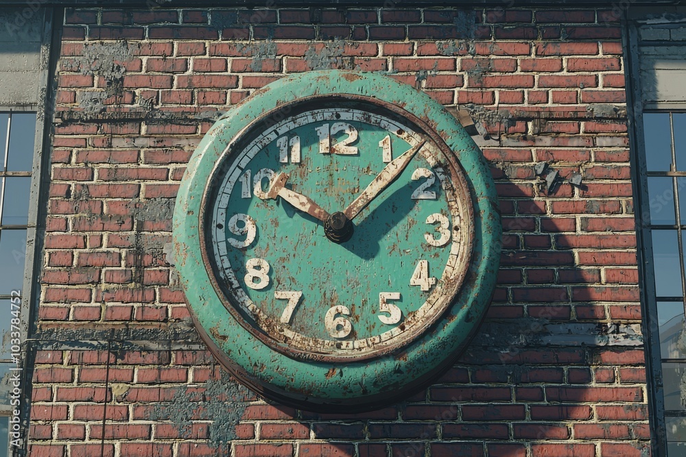 Fototapeta premium A large vintage clock with a turquoise face, mounted on a weathered brick wall, showcasing timeless beauty.