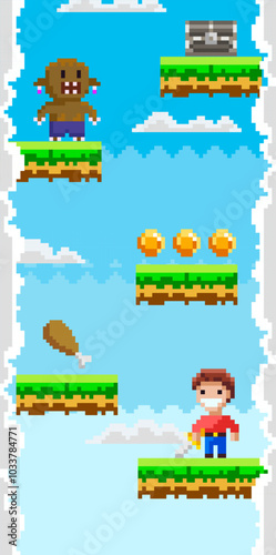 A pixel art scene with a hero on floating platforms, collecting coins, avoiding monsters, and seeking treasures against a sky background. Ideal for gaming, retro themes, adventure, pixel art, digital