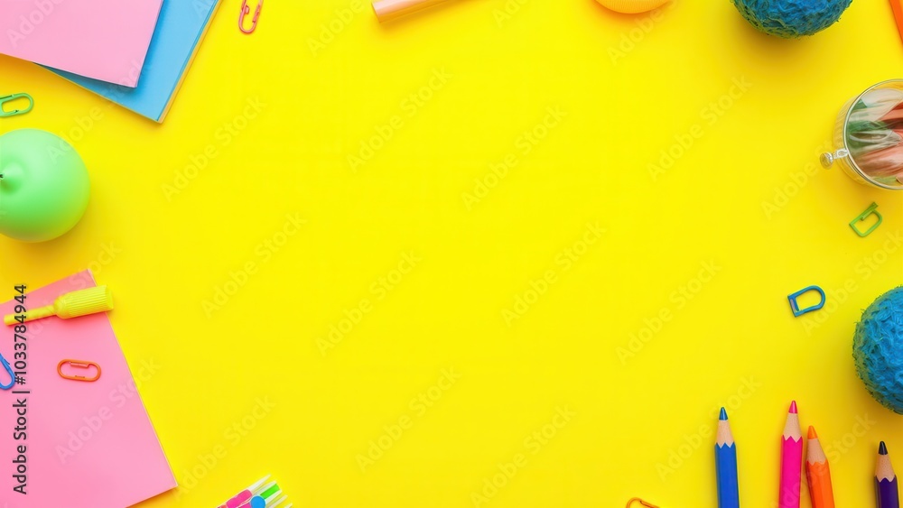 Bright Office Flatlay with Colorful Stationery Items Bright Office Flatlay with Colorful Stationery Items