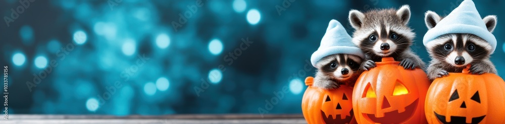 Adorable raccoons in blue hats peek from glowing jack-o'-lanterns against a blue backdrop, AI Adorable raccoons in blue hats peek from glowing jack-o'-lanterns against a blue backdrop, AI