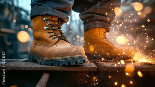 A close-up of heavy-duty safety boots on a narrow steel beam, with sparks from welding in the background, highlighting the precision and danger of construction work. photo