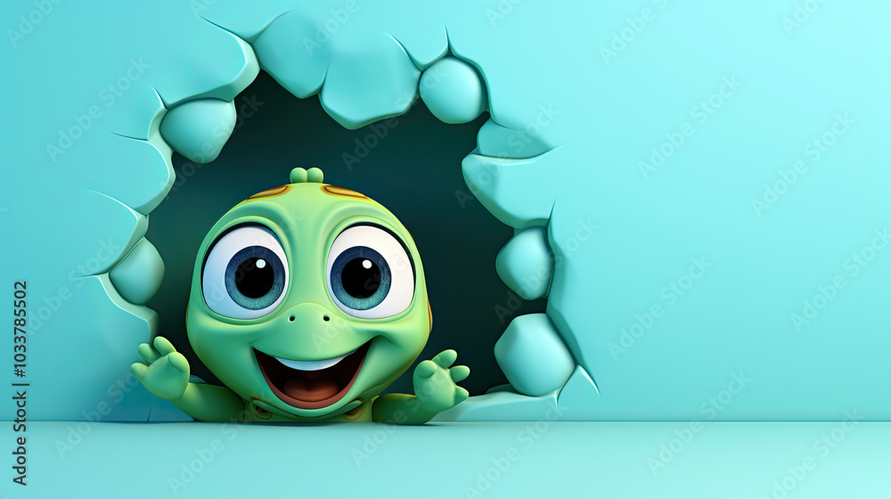 generated illustration cute turtle looking through a hole torn from a wall with copy space. generated illustration cute turtle looking through a hole torn from a wall with copy space.