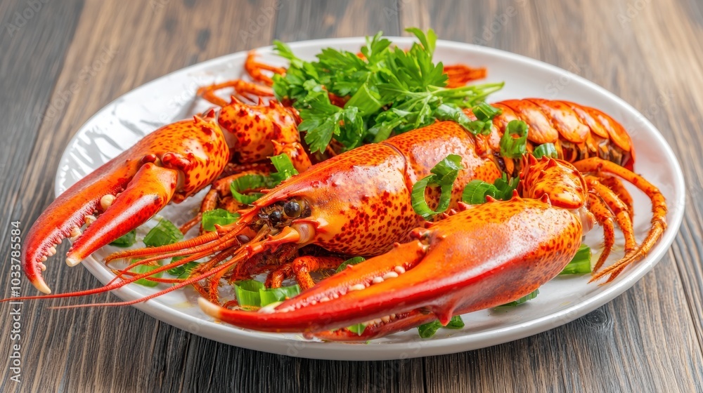 Exquisite Lobster Dish Served on White Plate with Fresh Garnish Exquisite Lobster Dish Served on White Plate with Fresh Garnish