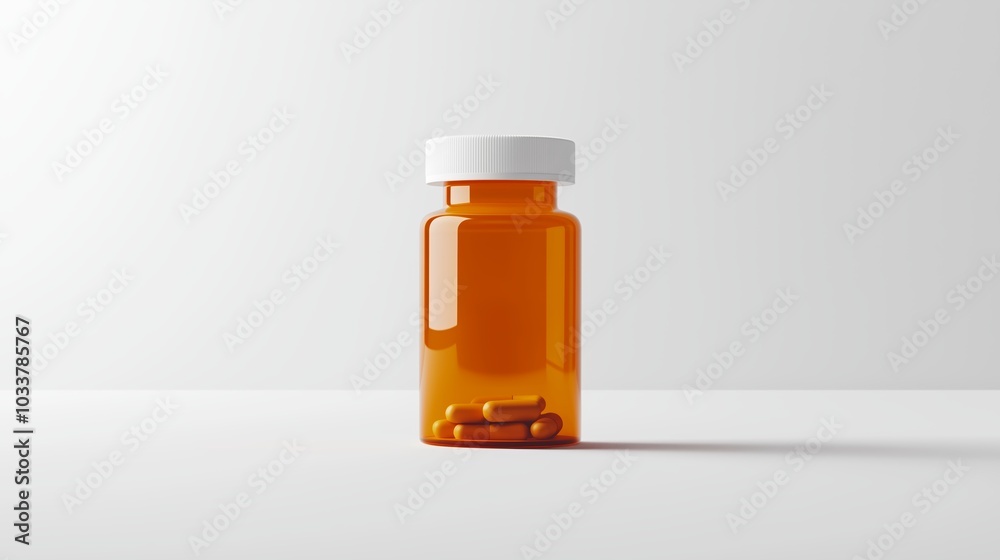 Obraz premium Clear prescription bottle with orange capsules on a simple background