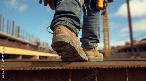 feet walking confidently on steel beams, wearing sturdy safety boots, with the industrial environment of a construction site in the background.