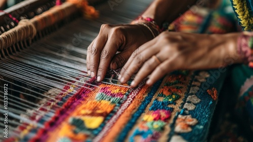A close-up shot of hands weaving organic cotton fabric on a traditional loom, emphasizing the artisanal and sustainable craftsmanship of ethical fashion.