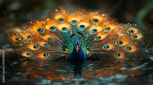 A majestic peacock with its feathers spread wide, standing in a shallow pool of water. The peacock's plumage is a vibrant mix of blues, greens, and golds