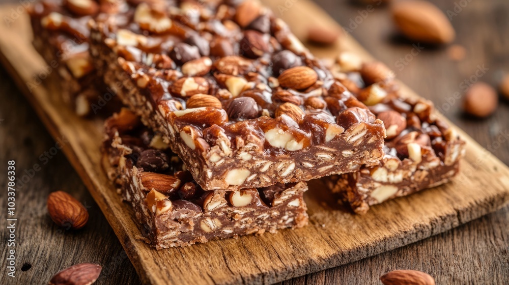 Vegan protein bars with nuts on wooden background close up Vegan protein bars with nuts on wooden background close up