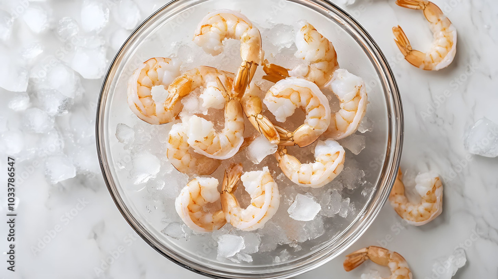 Peeled and Deveined Raw Shrimp on Ice in Bowl, Fresh Seafood Preparation, Culinary Ingredients, Kitchen Essentials, Ready for Cooking Peeled and Deveined Raw Shrimp on Ice in Bowl, Fresh Seafood Preparation, Culinary Ingredients, Kitchen Essentials, Ready for Cooking