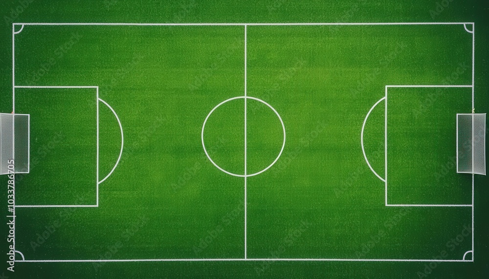Fototapeta premium Aerial view of a green soccer field with white lines, empty except for a few players training in the distance, captured from directly overhead by a drone