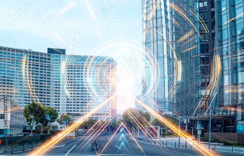 A street in a city with tall buildings on either side, a glowing light emanating from the center of the street and a glowing orb in the sky. photo