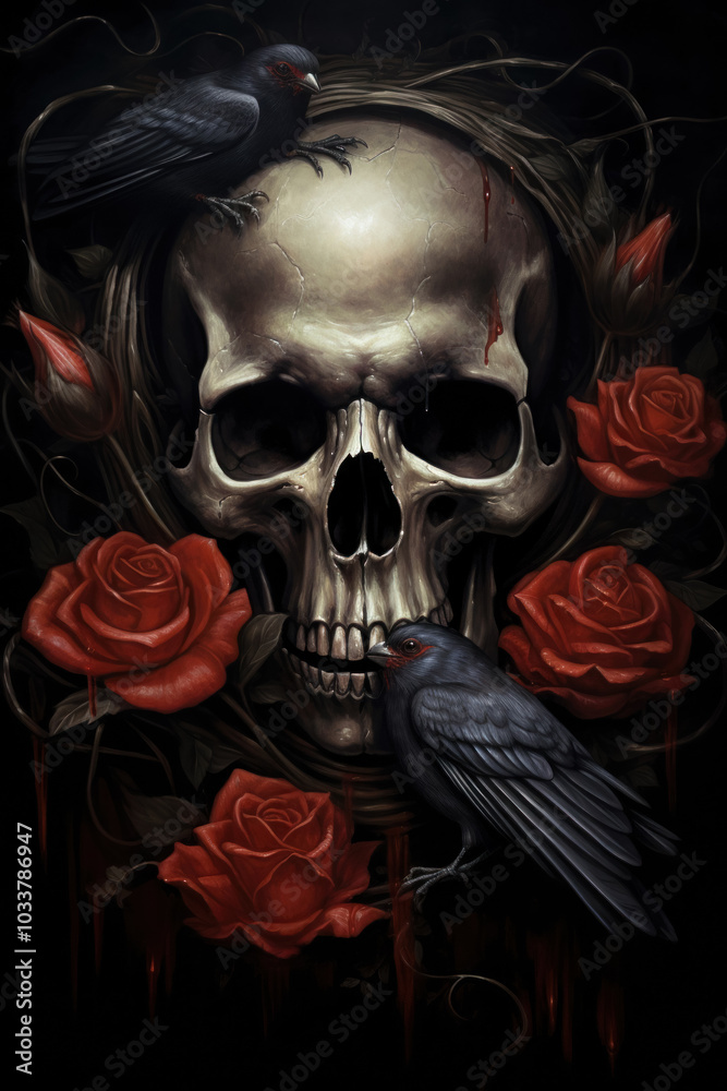 The graceful skull is decorated with roses and birds, creating an unusual combination of beauty and symbolism of life and death