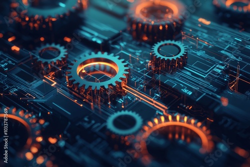 Gears and cogs on a digital background, an engineering concept with mechanical equipment for industrial design or machine parts in the Industry 4.0 era of factory production technology. 