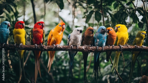 Exotic birds in vibrant colors perched in an aviary, showing off their feathers and unique personalities photo