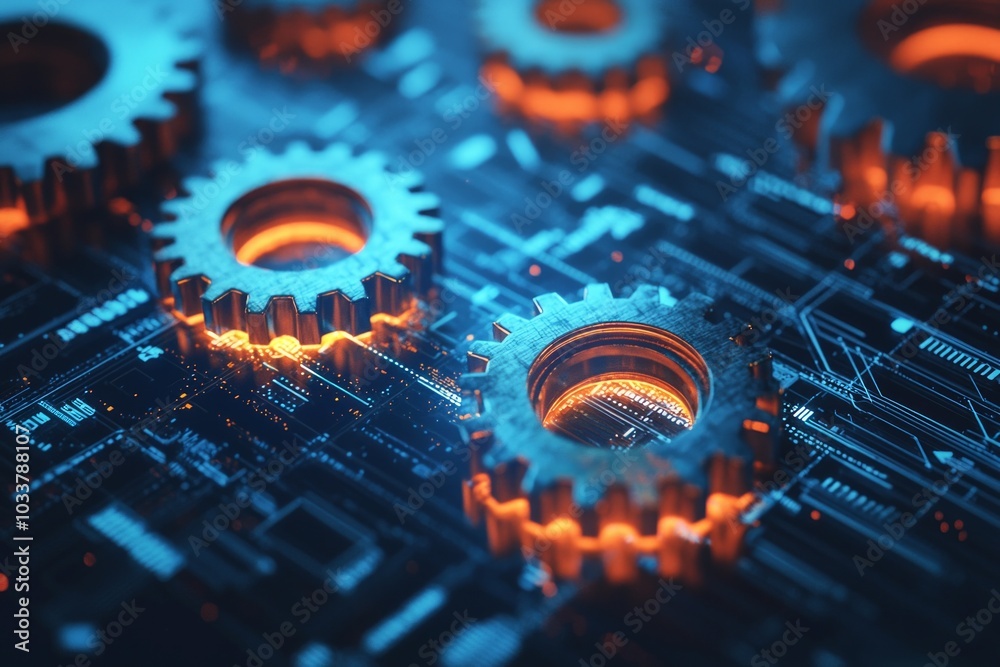 Gears and cogs on a digital background, an engineering concept with mechanical equipment for industrial design or machine parts in the Industry 4.0 era of factory production technology. Gears and cogs on a digital background, an engineering concept with mechanical equipment for industrial design or machine parts in the Industry 4.0 era of factory production technology.