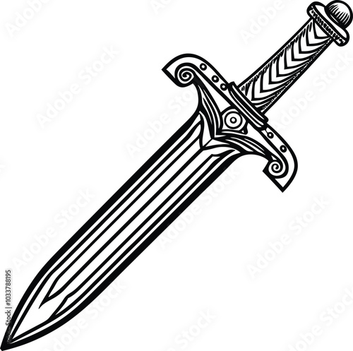 Black and White Engraving of an Antique Sword on White Background