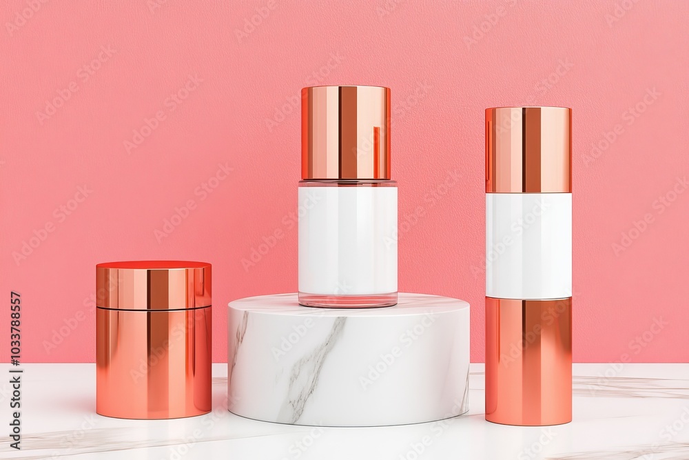 Elegant Rose Gold Cosmetics Display. Luxurious product presentation on marble. Shop now!