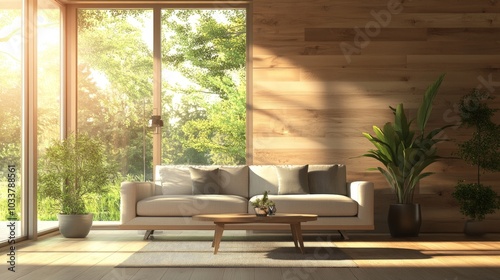A contemporary living room with an open concept layout, wooden wall features, and a minimalist sofa, bathed in soft sunlight from large windows that frame an outdoor view.