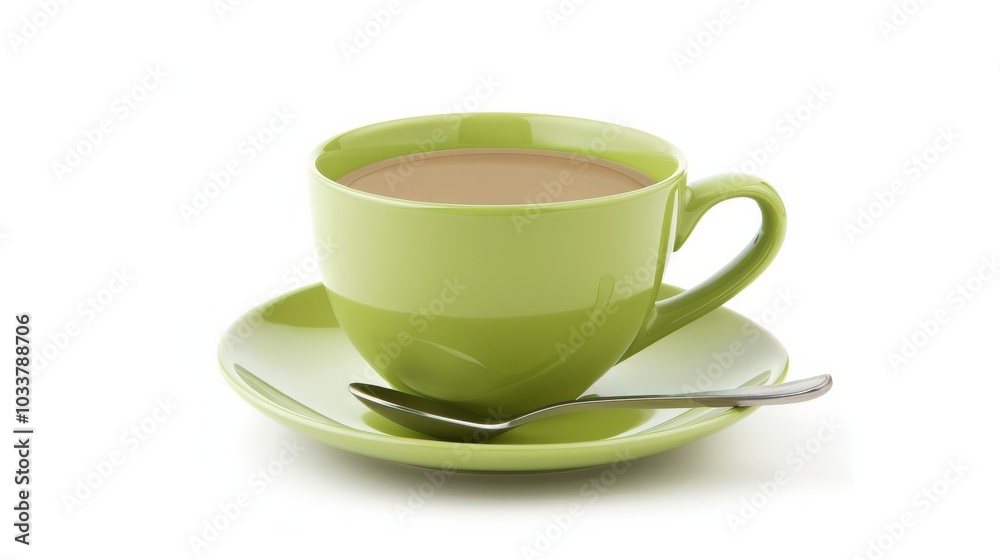 Refreshing Green Cup of Coffee with Spoon Isolated on White Background for Promotional Materials and Lifestyle Content Refreshing Green Cup of Coffee with Spoon Isolated on White Background for Promotional Materials and Lifestyle Content