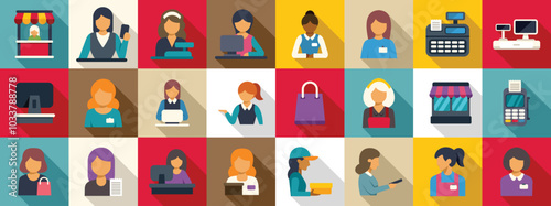 Girl vendor icons set. This set of vector illustrations represents different female professions in a flat design style with long shadows