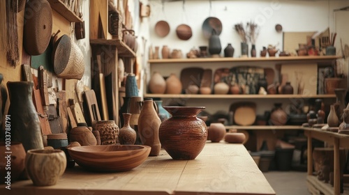 Handmade goods displayed in an artisan studio, featuring pottery, woodwork, and textiles photo