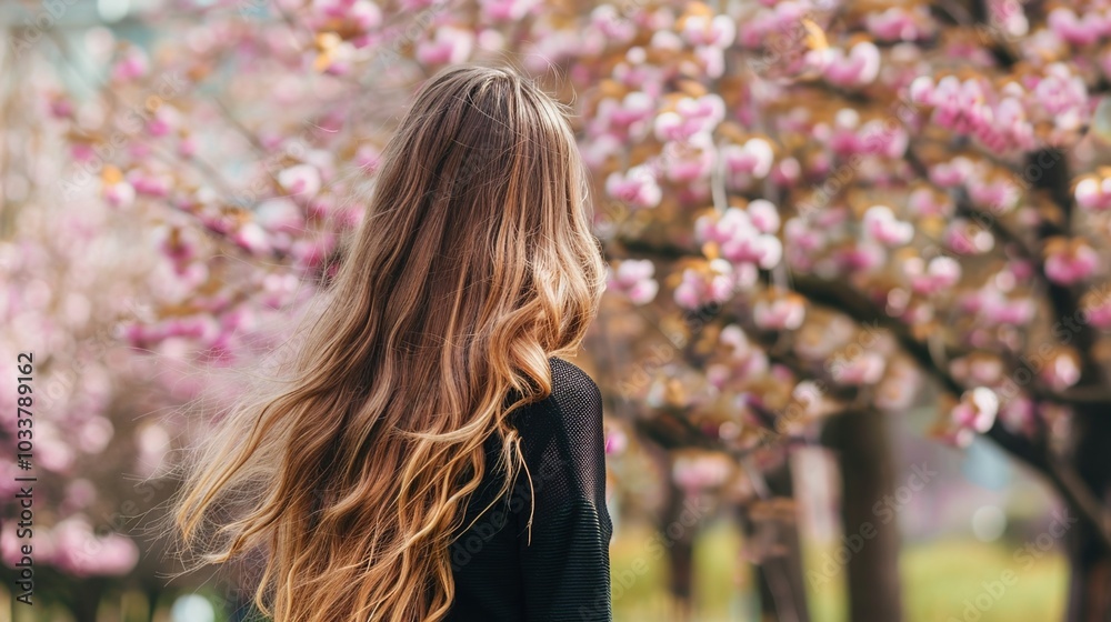 Beautiful young woman with long curly blonde hair from behind holding blooming branch of sakura tree Beautiful young woman with long curly blonde hair from behind holding blooming branch of sakura tree