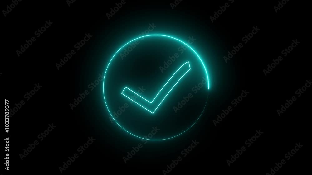 check mark icon neon bright royal blue color sign animation.  Glowing neon tick mark in neon rectangle. animation on black background.