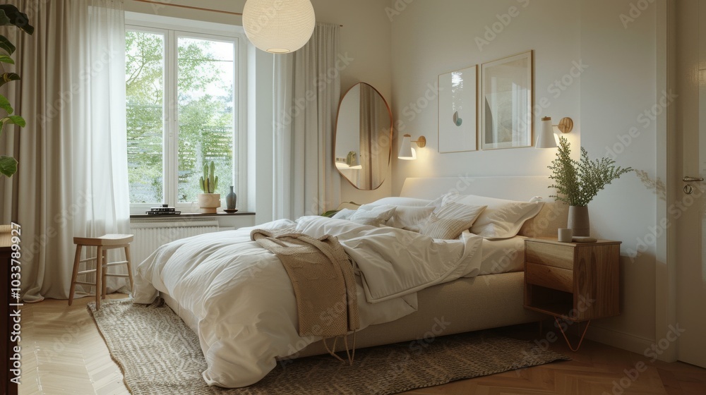 Fototapeta premium A cozy and bright Scandinavian bedroom with a double bed, headboard