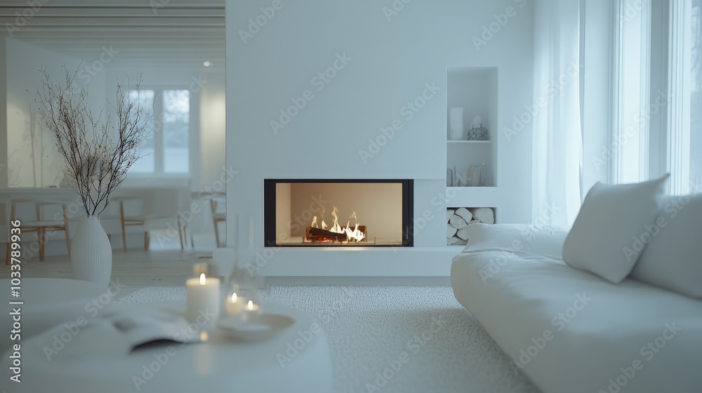 Fototapeta premium A cozy white apartment living room with a modern fireplace, white walls, and minimalist white furniture, creating a sophisticated yet welcoming environment.