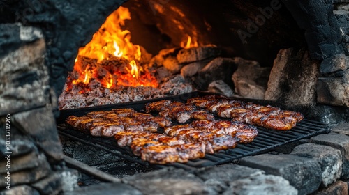 Pit-roasting meats in a large earth oven, slowly cooked for hours to create tender, flavorful dishes photo