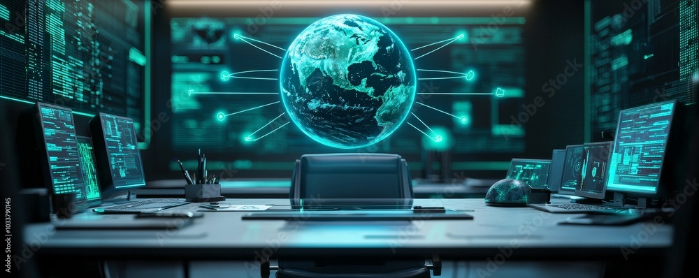 Futuristic workspace with multiple screens displaying global data analytics. Futuristic workspace with multiple screens displaying global data analytics.