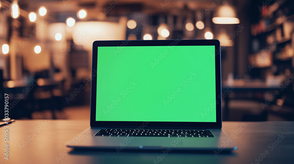 3d realistic render of laptop with green screen chroma key monitor in modern office cafe with warm lighting sunlight windows real atmosphere 3d realistic render of laptop with green screen chroma key monitor in modern office cafe with warm lighting sunlight windows real atmosphere