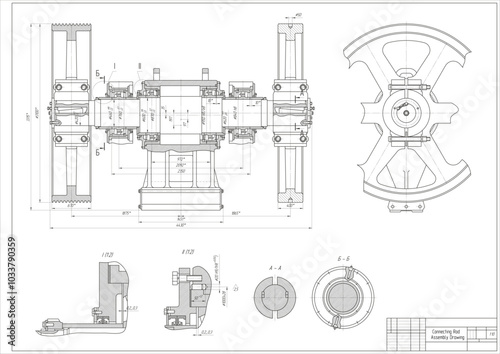 Vector connecting rod shaft with thread and bearing.
Engineering mechanical assembly drawing of steel device
with dimension lines. Industrial technic 
cad scheme on white paper sheet. 
Machine part. 