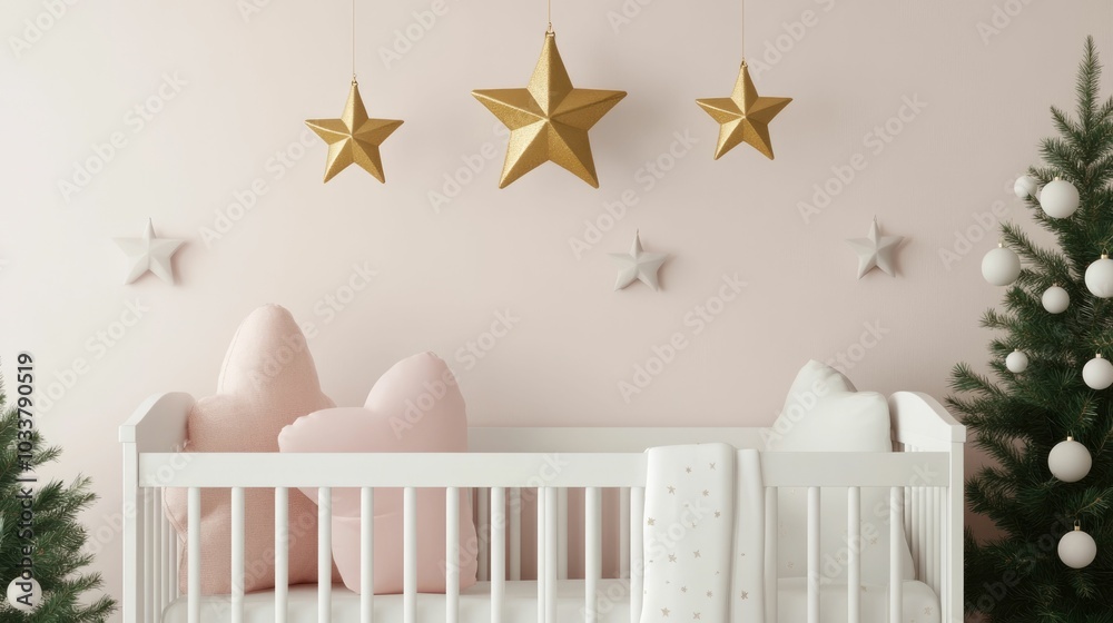 Whimsical 3D of a Christmas themed mobile hanging above a cozy baby crib creating a soft and dreamy holiday atmosphere in the nursery Whimsical 3D of a Christmas themed mobile hanging above a cozy baby crib creating a soft and dreamy holiday atmosphere in the nursery