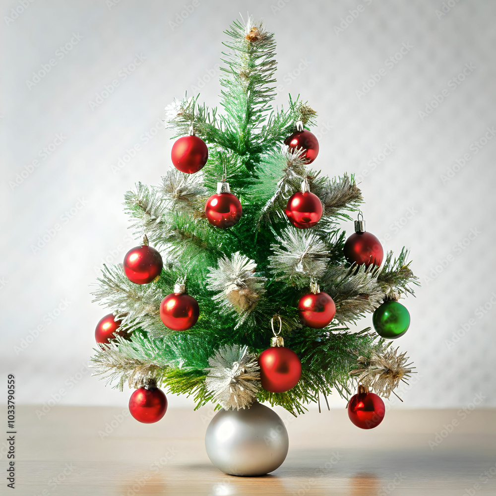 A tiny Christmas tree adorned with silver tinsel and colorful ornaments, A tiny Christmas tree adorned with silver tinsel and colorful ornaments,