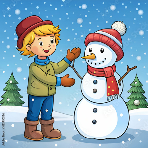 A cartoon illustration of children playing with a snowman photo