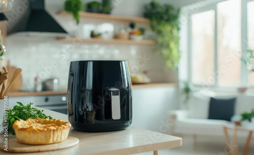 A modern and minimalist black air fryer is placed on the kitchen counter in front of