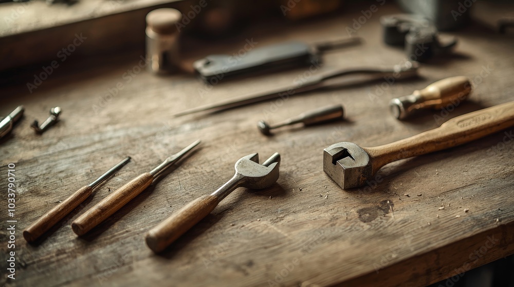 Various tools arranged on a wooden workbench, rustic and detailed. Various tools arranged on a wooden workbench, rustic and detailed.