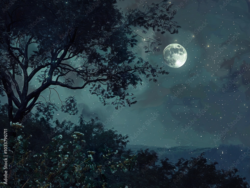 Full Moon Night in the Forest - A Serene Landscape Full Moon Night in the Forest - A Serene Landscape