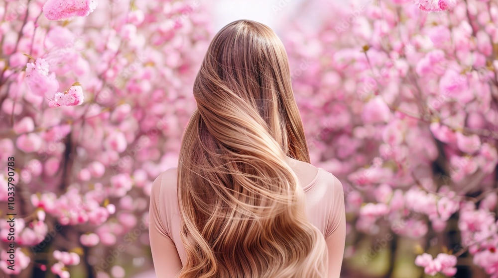 Naklejka premium Beautiful young woman with long curly blonde hair from behind holding blooming branch of sakura tree