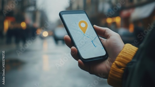 A man is using his smartphone to find directions with a visible location pin on the screen in a bustling city environment. Generative AI