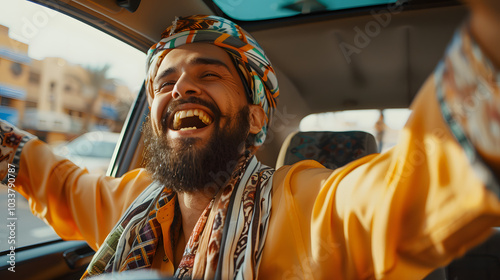 Joyful middle-eastern man driving car, shot from front pannel