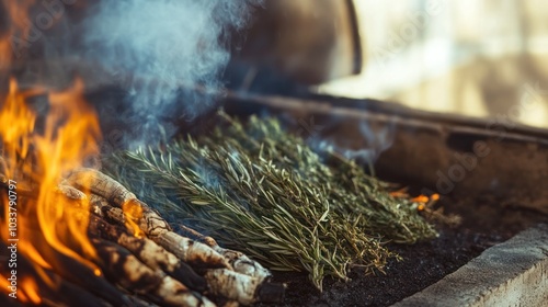 Smoked herbs and spices being slowly dried over an open fire, infusing natural flavors for cooking